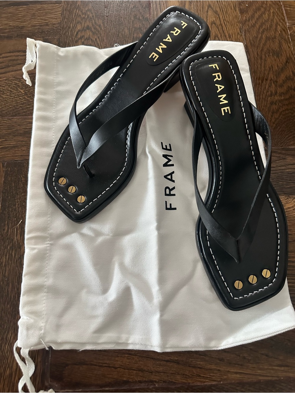 Frame Denim Black Leather Thong Sandals with Gold Stud Detail